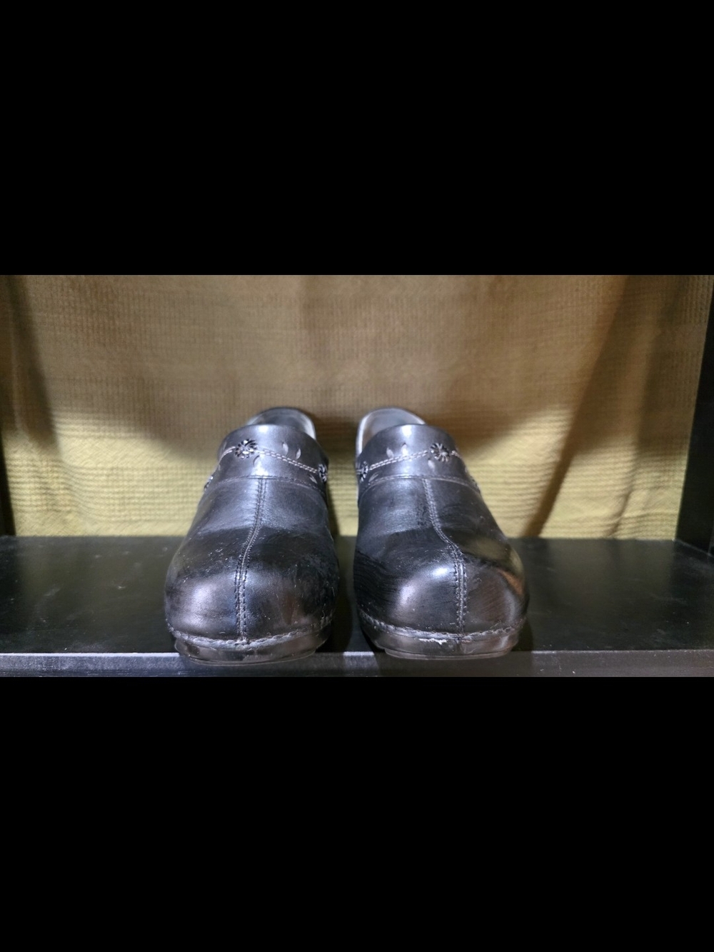 Dansko Black Floral Cut Leather Slip-On Clogs